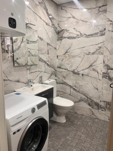 a bathroom with a washer dryer and a toilet at Arctic Glow Apartment 3 in Ivalo
