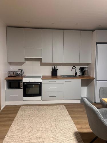 a kitchen with white cabinets and a sink at Northern Star Apartment 4 in Ivalo