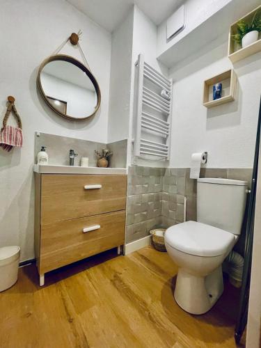 une salle de bain avec toilettes, lavabo et miroir dans l'établissement Studio entièrement rénové au pied du télésiège du Diable, à Les Deux Alpes