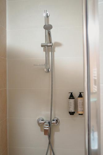 a shower with a glass door and two bottles of soap at Bark Inn - Bed and Breakfast in Braşov