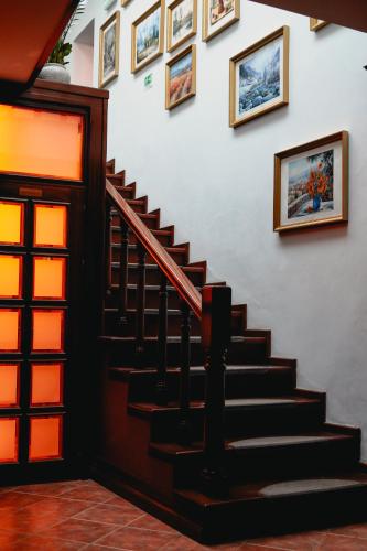 a staircase in a building with pictures on the wall at Bark Inn - Bed and Breakfast in Braşov