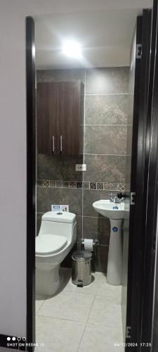 a bathroom with a toilet and a sink at Apartamento cerca al parque del cafe in Montenegro