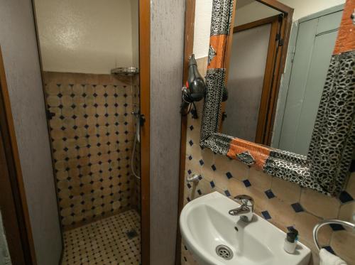 a bathroom with a sink and a shower and a mirror at Riad Skilfo in Fès
