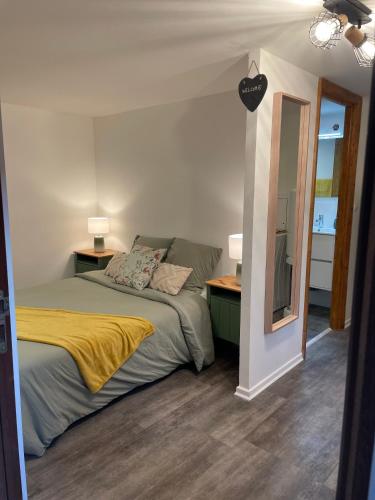 une chambre avec un lit et un miroir dans l'établissement Cosy appart en plein centre - 2 guests, à Colmar