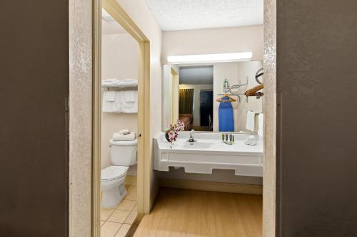 a bathroom with a sink and a toilet and a mirror at Bellmawr Economy Inn Bellmawr-Philadelphia Area in Bellmawr