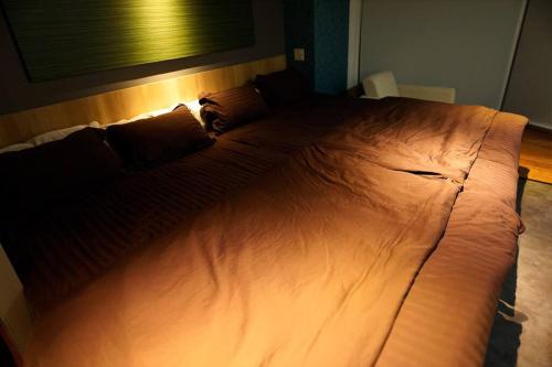a large bed in a bedroom with a light on it at MolinHotels102-アクティビティを満喫できる札幌定山渓 天然温泉付 - W-beds2&S-beds3 in Jozankei