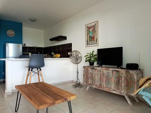 a living room with a flat screen tv on a counter at Blue Side in Le Moule