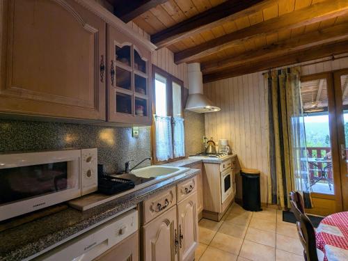une cuisine avec un évier et un micro-ondes dans l'établissement Maison idéale au bord du lac avec jardin clos et parking privé, animaux admis - FR-1-591-711, à Saint-Plantaire