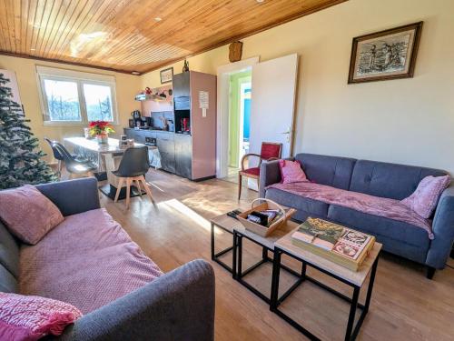 a living room with two couches and a table at Maison spacieuse avec SPA, nature & calme dans les Vosges - FR-1-589-757 in Fraize