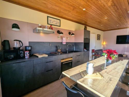 a kitchen with a long table and a counter top at Maison spacieuse avec SPA, nature & calme dans les Vosges - FR-1-589-757 in Fraize