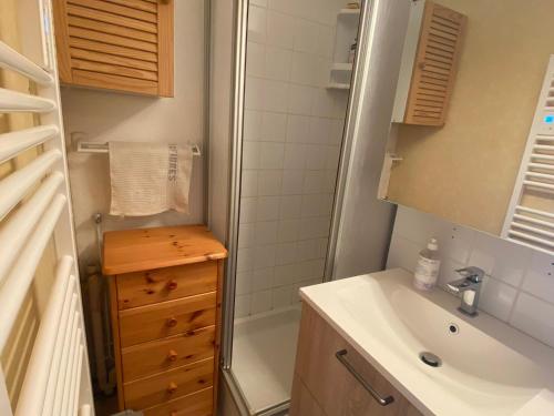 une petite salle de bain avec un lavabo et une douche dans l'établissement Charmant appartement à Châtel, 4 pers, parking privé, terrasse, proche centre - FR-1-693-115, à Châtel