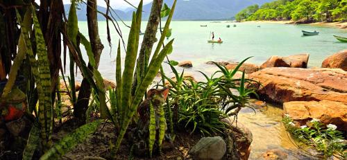 a view of a beach with a boat in the water at Pousada Sobre As Ondas de Picinguaba in Picinguaba