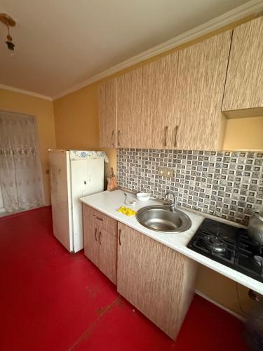 a kitchen with a sink and a refrigerator at Rova Hotel in Baku