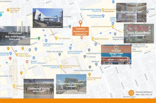 a map of a city with different places on it at Comfortable&Convenient Rental Apartment in Chatswood in Sydney