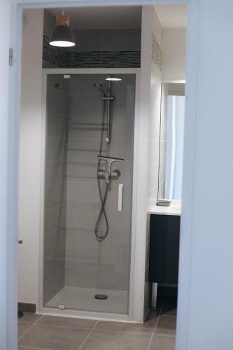 une douche avec une porte vitrée dans une salle de bain dans l'établissement Havre de paix près de Toulouse Parking inclus, à Quint-Fonsegrives