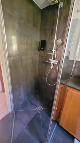 une douche avec une porte vitrée dans une salle de bain dans l'établissement Villa architecte Tamaris sur mer, à La Seyne-sur-Mer