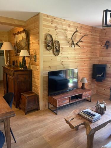 - un salon avec une télévision à écran plat sur un mur en bois dans l'établissement Le Petit Torrent, à Pra-Loup