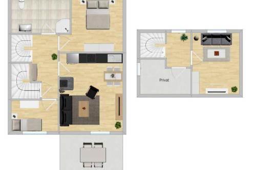 two views of a floor plan of a house at 44 Apartment Sunshine Birkenweg 1c OG in Burg auf Fehmarn