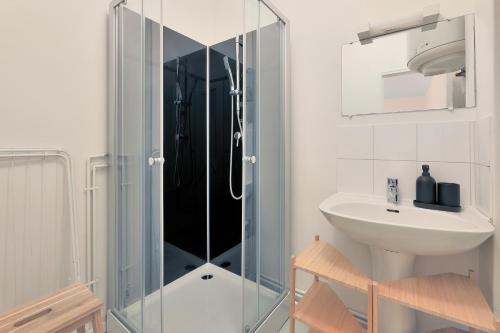 une salle de bain avec une douche en verre et un lavabo dans l'établissement L'Éclat d'Eucalyptus - Appt pour 2 à Saint-Quentin, à Saint-Quentin