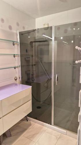 une salle de bain avec une douche avec une porte vitrée dans l'établissement Cannes SEASIDE BEACHFRONT bord de mer, à Cannes