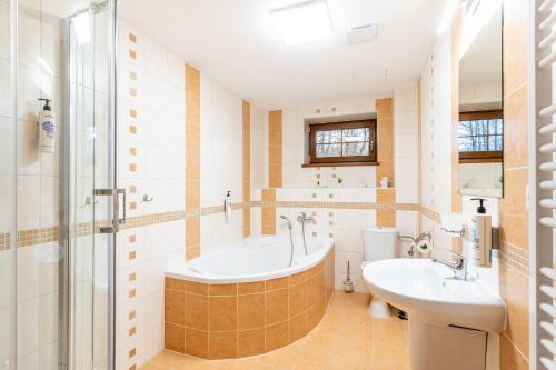 a bathroom with a tub and a toilet and a sink at Penzion Mountain in Čeladná