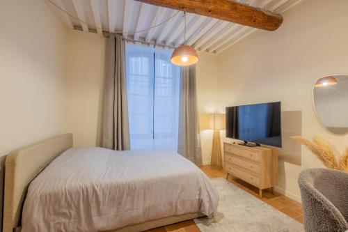 a bedroom with a bed and a flat screen tv at Appartement Belle Lettre 1 in Aix-en-Provence