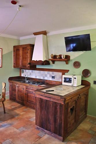 a kitchen with a sink and a microwave on a counter at Chèvres à Cheval - Apartment in Aosta
