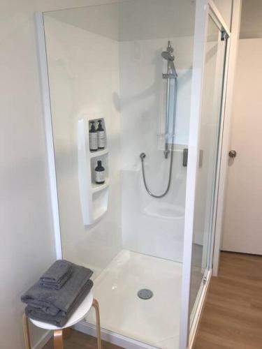 a white bathroom with a shower with a glass door at Manuka Cottage Oneroa in Waiheke Island