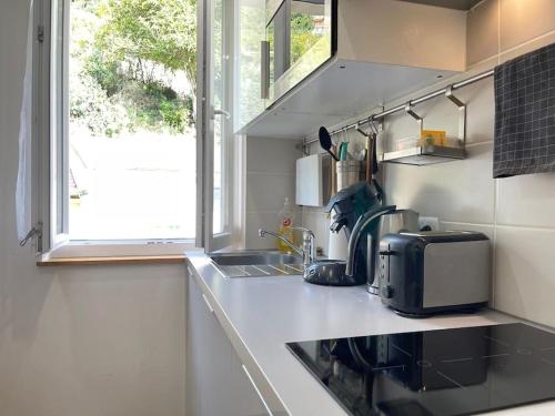 a kitchen with a sink and a window at Appart Jouy N4 proche HEC Rer C in Jouy-en-Josas