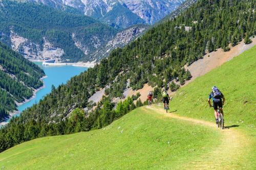 a group of people riding bikes down a hill at Cuore Alpino in Livigno