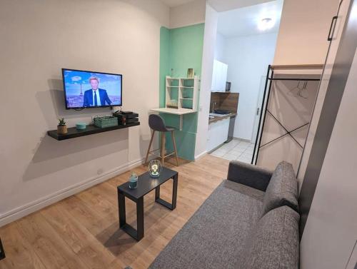 a living room with a couch and a flat screen tv at Au calme en ville, sans vis à vis et climatisé in Perpignan