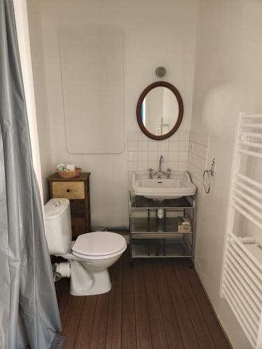 une salle de bain avec toilettes et lavabo dans l'établissement La Grenette, à Charolles