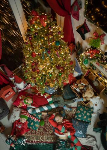 a christmas tree with christmas presents under it at Czereśniowe Wzgórze Sandomierz jakuzzi in Sandomierz