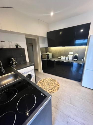 Il comprend une cuisine équipée d'une cuisinière et d'un évier. dans l'établissement Le Saint-Brice de Paris, à Saint-Brice-sous-Forêt