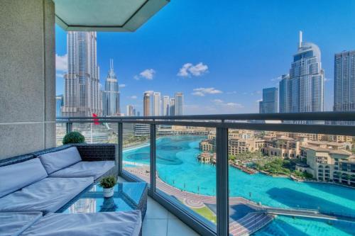 a balcony with a view of the city at GuestReady - Charming stay with Burj Khalifa views in Dubai