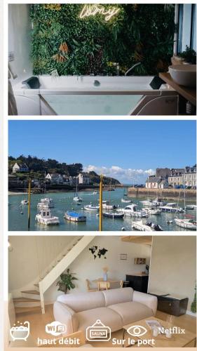 two pictures of a living room with a couch and a harbor at Duplex Lomy vue sur le port avec Sauna-balneo-5mn plage in Pléneuf-Val-André