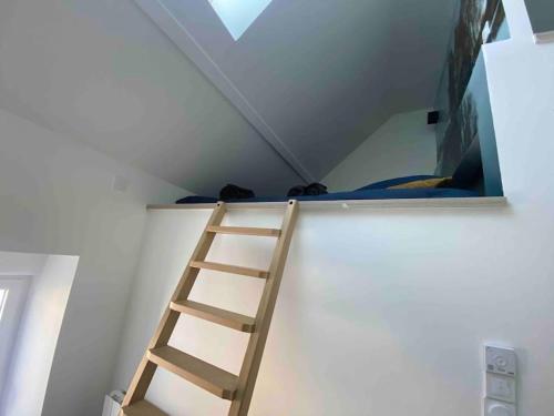 - une échelle dans une chambre avec des lits superposés dans l'établissement Maison de location - Les 4 Saisons, à Saint-Denis-sur-Sarthon