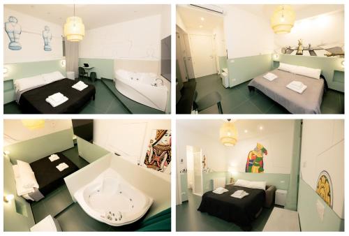 a collage of four pictures of a room at O Effe Games Vatican in Rome
