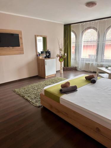 a bedroom with a large bed and a television at Hotel Oppium Restaurant & Garden in Ruse