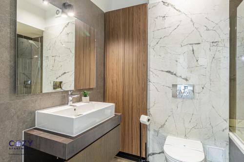a bathroom with a sink and a toilet at Luxury Residences & Suites in Central Brasov at Coresi Mall in Braşov