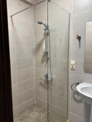 a shower with a glass door next to a sink at Bakuriani Cottages in Bakuriani