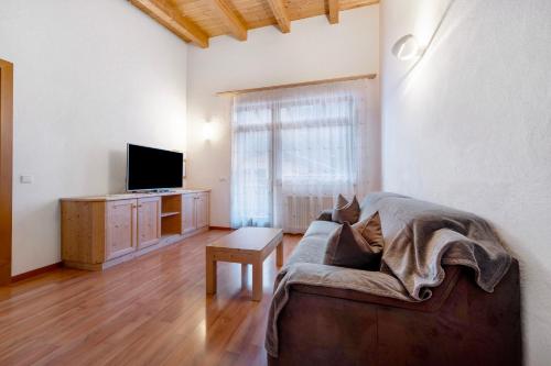 a living room with a couch and a television at Apartments Antersi Robbi in San Vigilio Di Marebbe