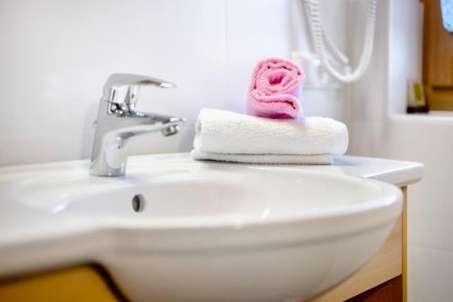 a bathroom sink with a pink towel on top of it at Apartments Antersi Robbi in San Vigilio Di Marebbe