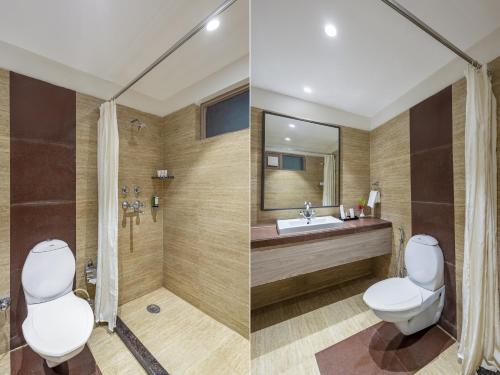 two pictures of a bathroom with a toilet and a sink at Sterling Corbett in Marchula