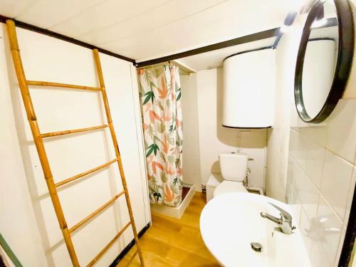 une salle de bain avec un lavabo et un miroir et des toilettes dans l'établissement Le Doux Perchoir, à Boulogne-sur-Mer