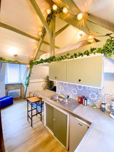 - une cuisine avec un évier et une table dans une chambre dans l'établissement Le Doux Perchoir, à Boulogne-sur-Mer