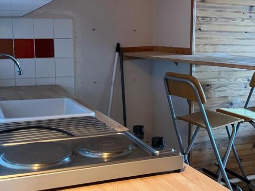 Il comprend une cuisine équipée d'une cuisinière, d'un évier et d'un comptoir. dans l'établissement Le balcon du Vercors, à Château-Bernard