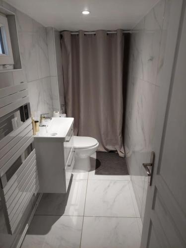 a white bathroom with a sink and a toilet at L09 Jacuzzi 5 Étoile by Villa Dengous in Livry-Gargan