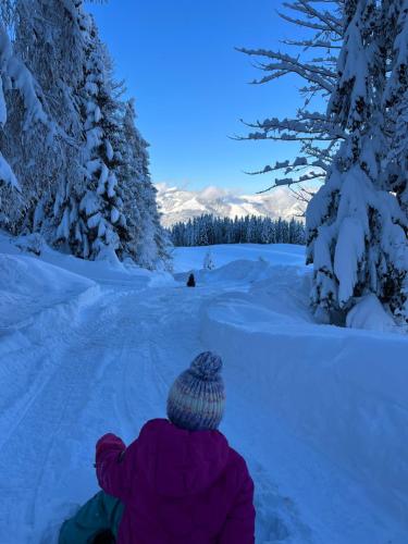 a person sitting in the snow on a snow covered road at Bioberghof Rohr in Fieberbrunn