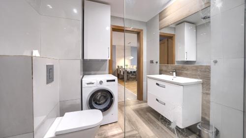 une salle de bain avec une machine à laver et un lavabo dans l'établissement Blue Baltic, Sun & Snow, à Pogorzelica